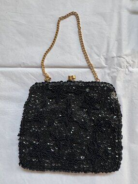 Vintage Black Beaded Evening Purse With Gold Chain & Sequin Star Design